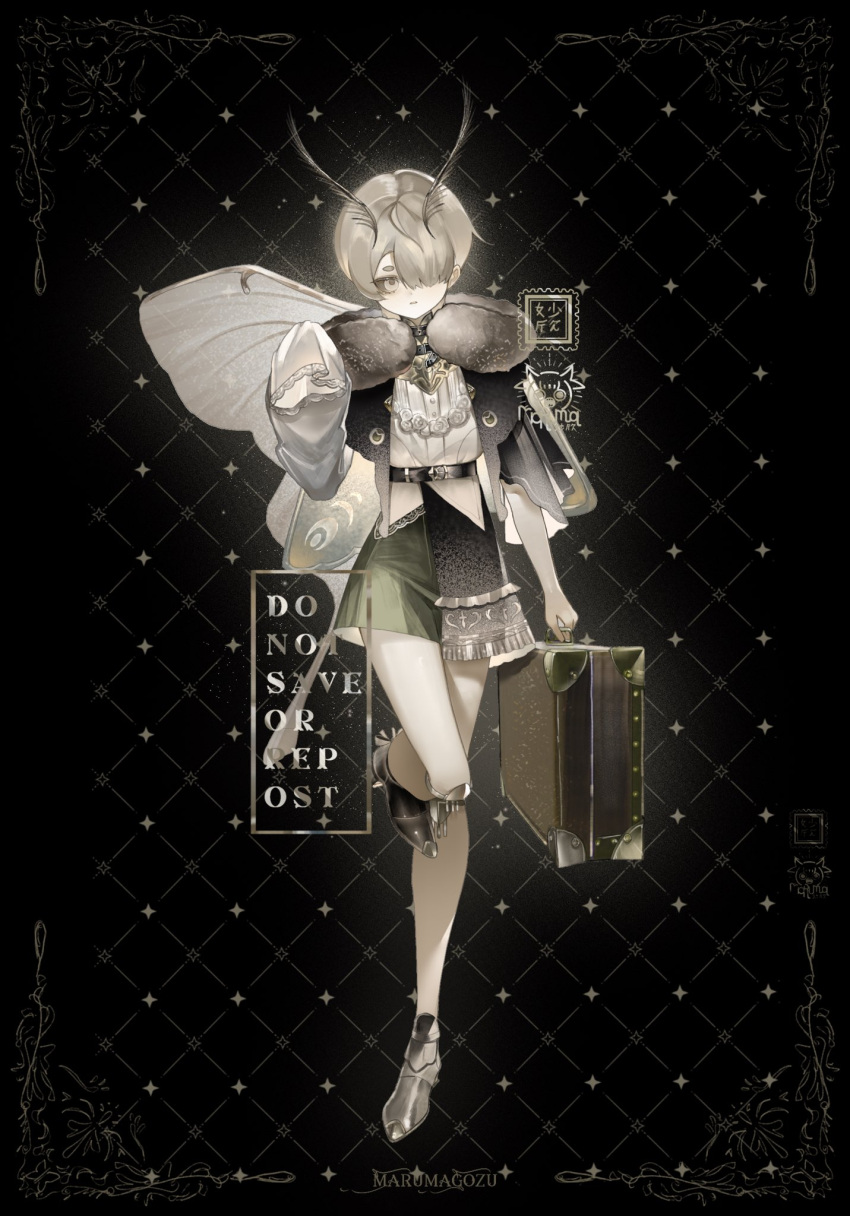 1boy, antennae, arthropod_boy, asymmetrical_sleeves, black_background, blonde_hair, briefcase, colored_sclera