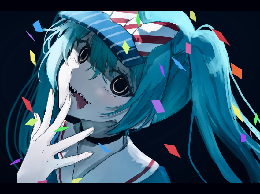 1girl, aqua_hair, black_background, black_choker, black_eyes, black_mouth, blue_shirt, bow, choker, commentary_request, confetti, diagonal-striped_bow, finger_to_neck, finger_to_own_chin, fingernails, from_side, hair_between_eyes, hand_up, hatsune_miku, head_tilt, highres, letterboxed, long_hair, looking_at_viewer, mesmerizer_(vocaloid), no_pupils, open_mouth, portrait, red_bow, ringed_eyes, saikisaika, sailor_collar, sharp_teeth, shirt, sidelighting, simple_background, smile, solo, striped_bow, teeth, three_quarter_view, tongue, tongue_out, twintails, two-tone_bow, visor_cap, vocaloid, white_bow, white_sailor_collar