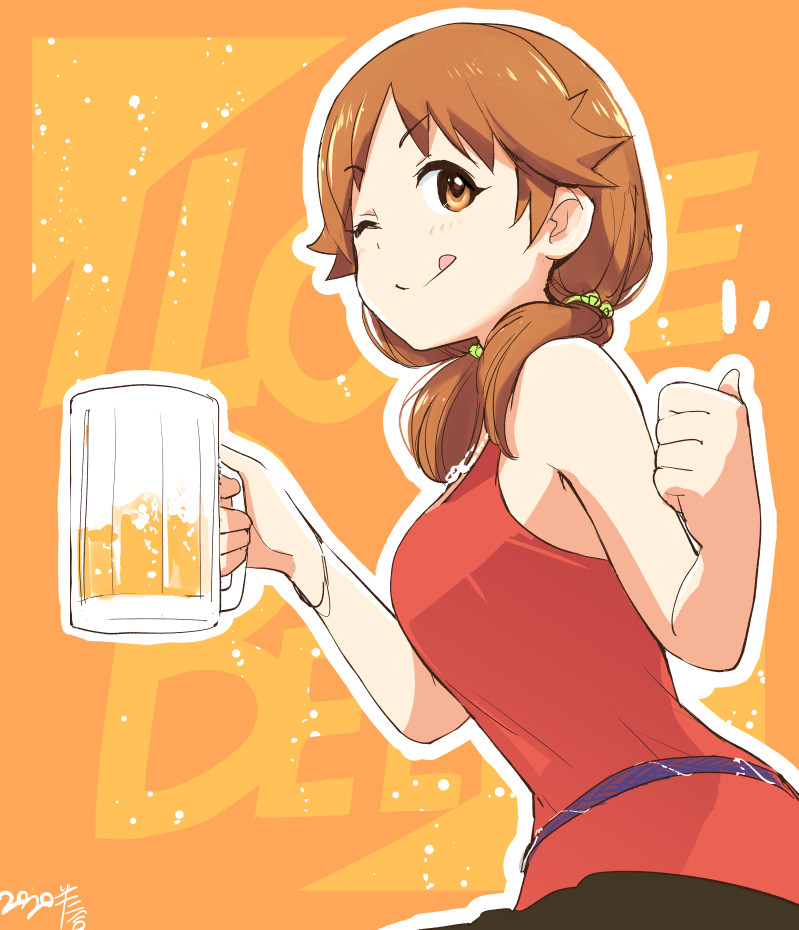1girl, alcohol, bare_shoulders, beer, beer_mug, blush, bracelet, breasts