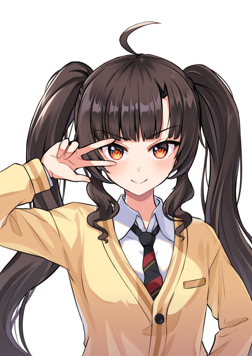 >:), 1girl, :>, ahoge, black_necktie, breast_pocket, brown_hair, buttons, cardigan, collared_shirt, commentary_request, diagonal-striped_clothes, diagonal-striped_necktie, hand_up, highres, korean_commentary, lily_bloomerchen, long_hair, long_sleeves, looking_at_viewer, losvje1024, necktie, orange_eyes, pocket, shirt, sidelocks, simple_background, solo, soulworker, striped_clothes, twintails, upper_body, v-shaped_eyebrows, w, wavy_sidelocks, white_background, white_shirt, yellow_cardigan