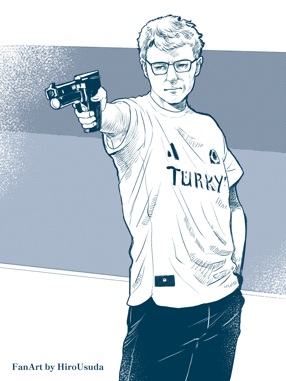 1boy, 2024_summer_olympics, aiming, clothes_writing, commentary_request, cowboy_shot, glasses, gun