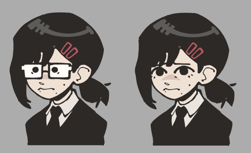 black_hair, black_necktie, black_suit, chainsaw_man, ethossketches, glasses, grey_background, higashiyama_kobeni