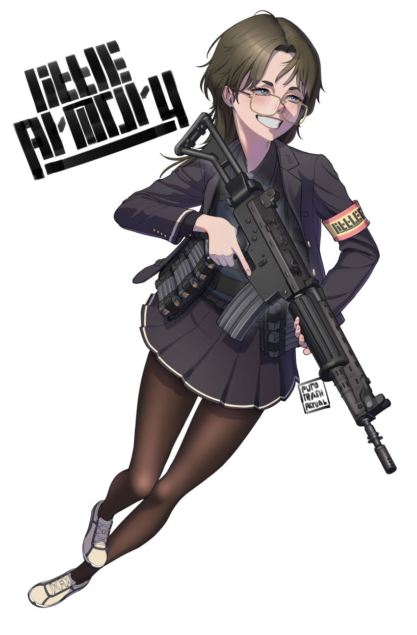1girl, absurdres, artist_name, assault_rifle, black_shirt, black_skirt, brown_pantyhose, buttoned_cuffs