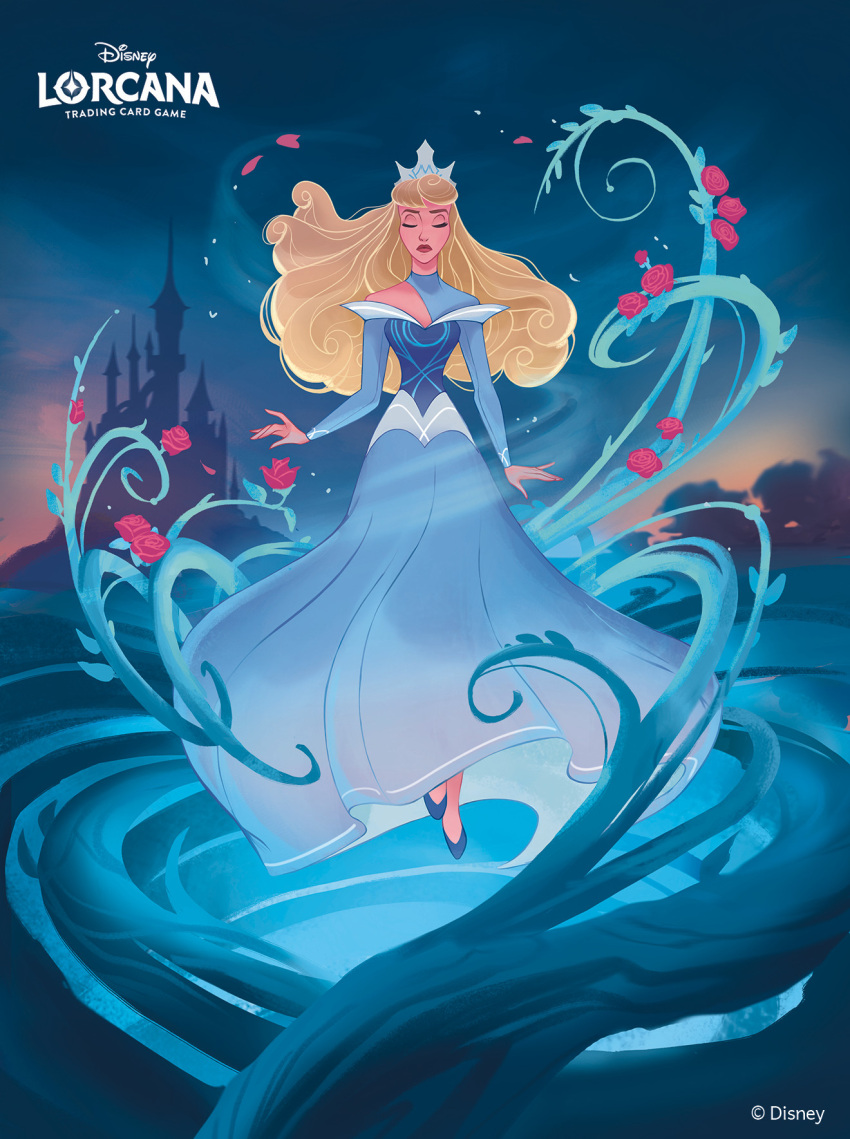 1girl, aurora_(disney), blonde_hair, blue_dress, blue_footwear, castle, clio_wolfensberger, closed_eyes