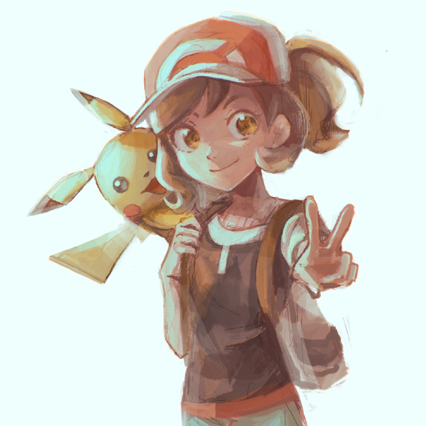 1girl, animal_nose, aqua_shorts, baseball_cap, black_shirt, brown_eyes, brown_hair, elaine_(pokemon)