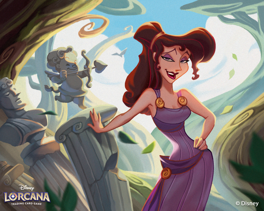 1girl, broken_pillar, brown_hair, copyright_name, day, disney, disney_lorcana, dress