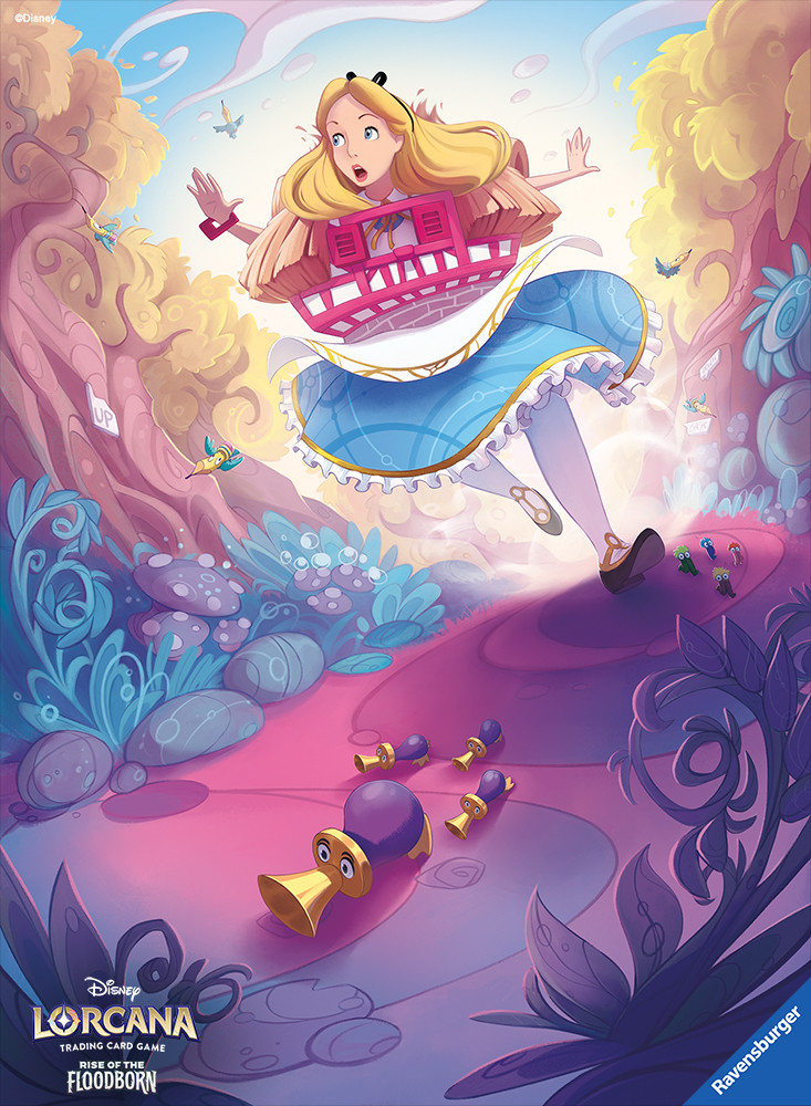 1girl, alice_(alice_in_wonderland), alice_in_wonderland, alice_pisoni, blonde_hair, blue_dress, blue_eyes, blue_sky, clouds, copyright_name, day, disney_lorcana, dress, english_text, logo, long_hair, official_art, open_mouth, outdoors, pantyhose, shoes, signature, sky, solo, tree, white_dress, white_pantyhose