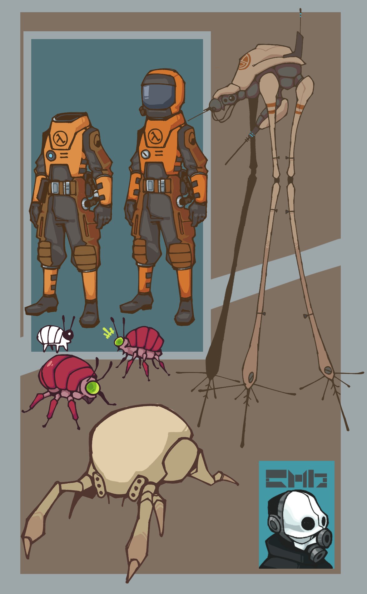 alien, armor, ethossketches, full_armor, half-life_(series), half-life_1, half-life_2, headcrab, hev_suit, highres, metrocop, monster, monster_focus, no_humans, non-humanoid_robot, portrait, robot, strider_(half-life)