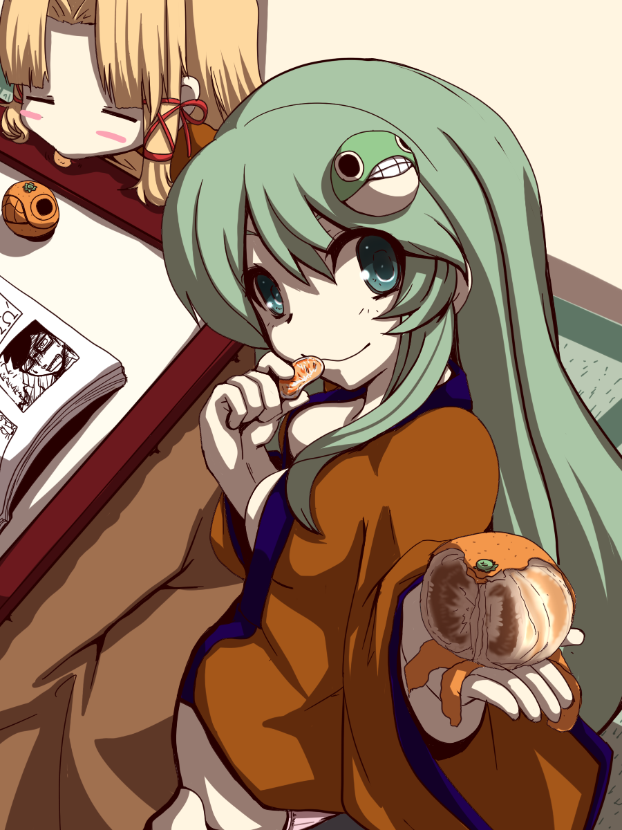 =_=, blonde_hair, blush_stickers, breasts, cleavage, dearmybrothers, face, food
