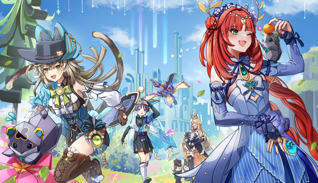 1boy, 3girls, animal_hands, animal_on_shoulder, aomiya_souju, aqua_brooch, arm_up, armor