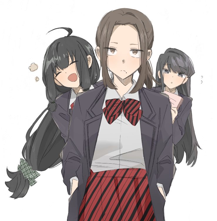 3girls, ahoge, bad_id, bad_twitter_id, behind_another, black_bow, black_bowtie, black_eyes