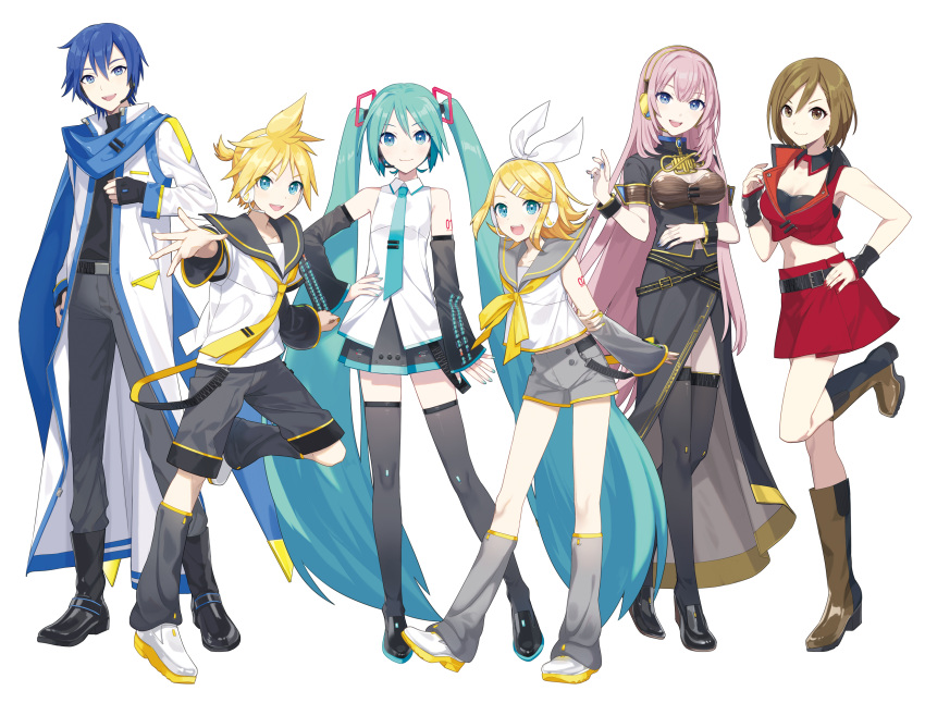 1boy, 1girl, aqua_eyes, aqua_hair, aqua_nails, aqua_necktie, arm_warmers, arms_behind_back