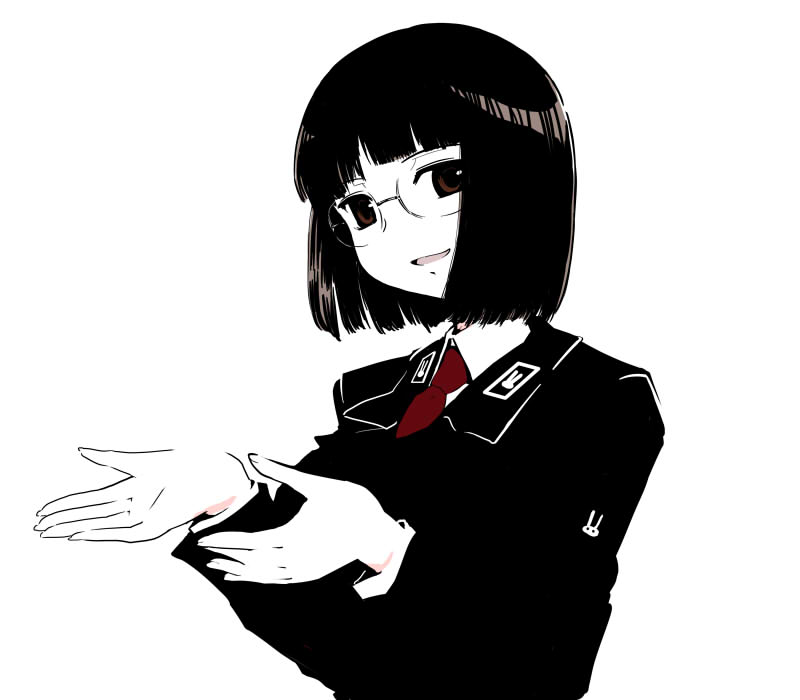 bad_id, face, glasses, hands, military, military_uniform, moeyo!_sensha_gakkou, monochrome