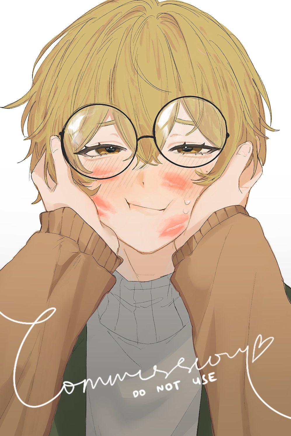 1boy, 1girl, after_kiss, blonde_hair, blush, closed_mouth, couple, english_text, face_hold, genshin_impact, glasses, hetero, highres, limbus_company, lipstick_mark, official_alternate_costume, pov, project_moon, short_hair, simple_background, sinclair_(project_moon), sweat, sweater, white_background, yellow_eyes, zygyzy_031