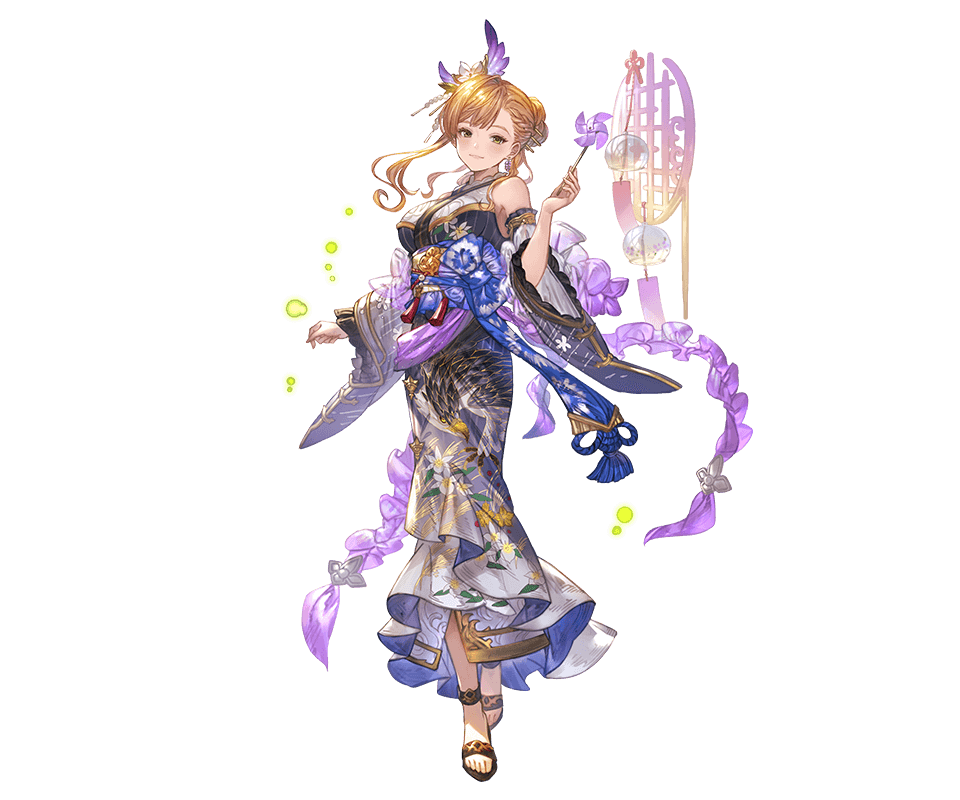 1girl, bare_shoulders, breasts, brown_eyes, brown_hair, detached_sleeves, full_body, granblue_fantasy, hair_ornament, holding_pinwheel, japanese_clothes, kimono, large_breasts, long_hair, looking_at_viewer, official_alternate_costume, official_art, pinwheel, solo, toes, tweyen_(granblue_fantasy), tweyen_(yukata)_(granblue_fantasy), white_background, yukata