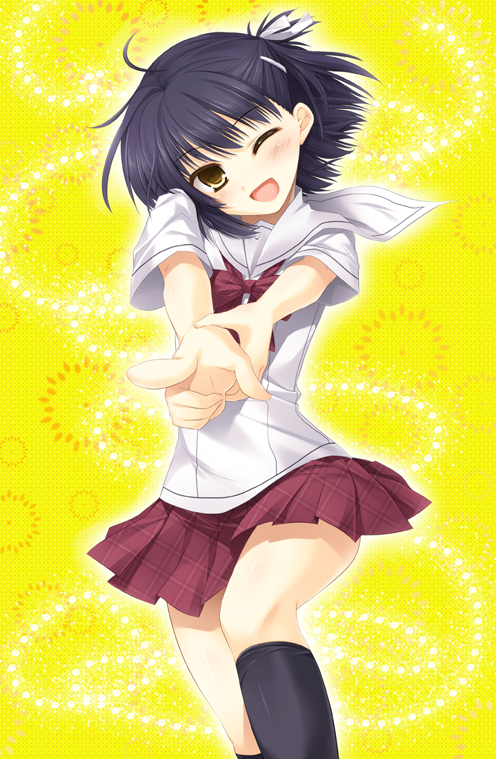 aikawa_kizuna, bad_id, black_hair, brown_eyes, crossdressinging, finger_gun, male, minakami_kurena