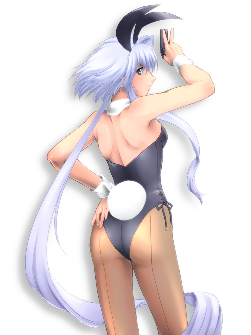 ass, back_seamed_legwear, blue_eyes, blue_hair, bunny_ears, bunny_tail, bunnysuit, from_behind
