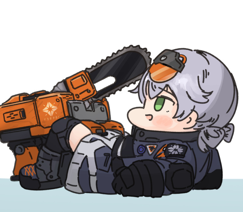 1girl, black_footwear, black_gloves, cascadia_(neural_cloud), caution_tape, chainsaw, chibi, full_body, girls'_frontline_neural_cloud, girls_frontline, gloves, goggles, goggles_on_head, green_eyes, grey_hair, jacket, knee_pads, long_sleeves, lying, non-humanoid_robot, on_back, pure_boy, robot, solo, twintails