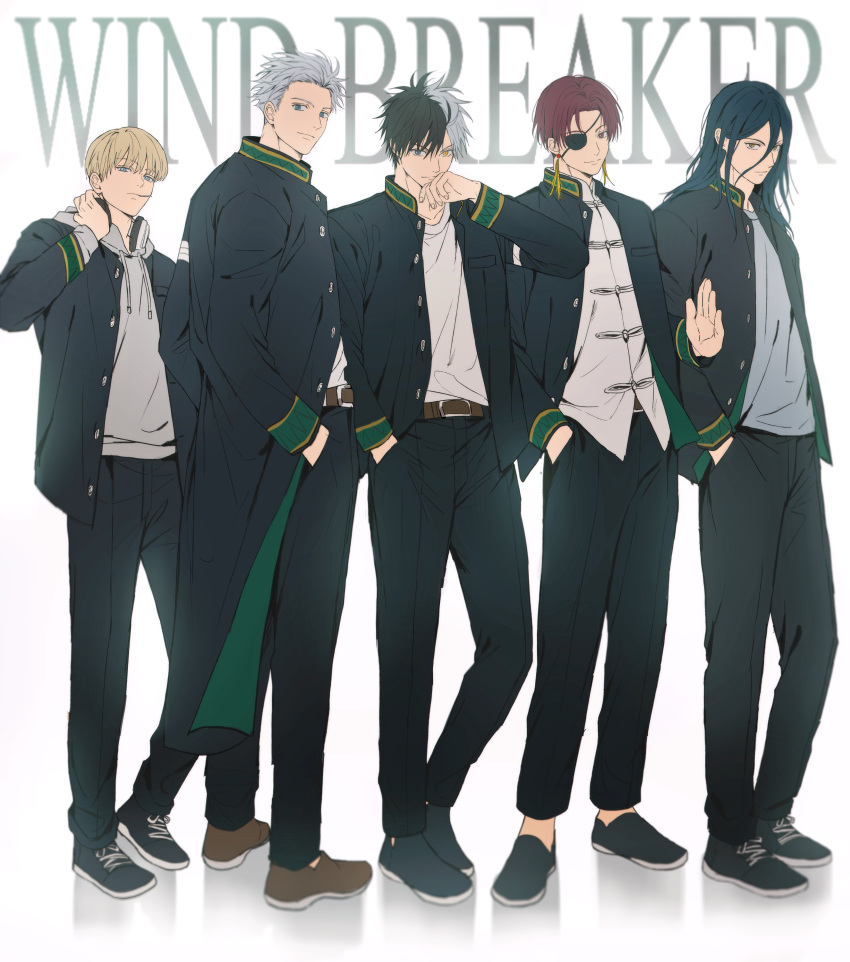 5boys, absurdres, black_footwear, black_hair, blonde_hair, blue_hair, brown_footwear, brown_hair