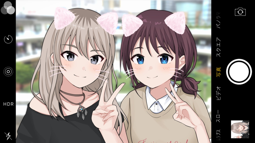 2girls, black_shirt, blue_eyes, blurry, blurry_background, blush, brown_hair, brown_sweater