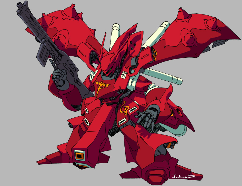 beam_rifle, char's_counterattack, char's_counterattack_-_beltorchika's_children, chibi, energy_gun, english_commentary, green_eyes, grey_background