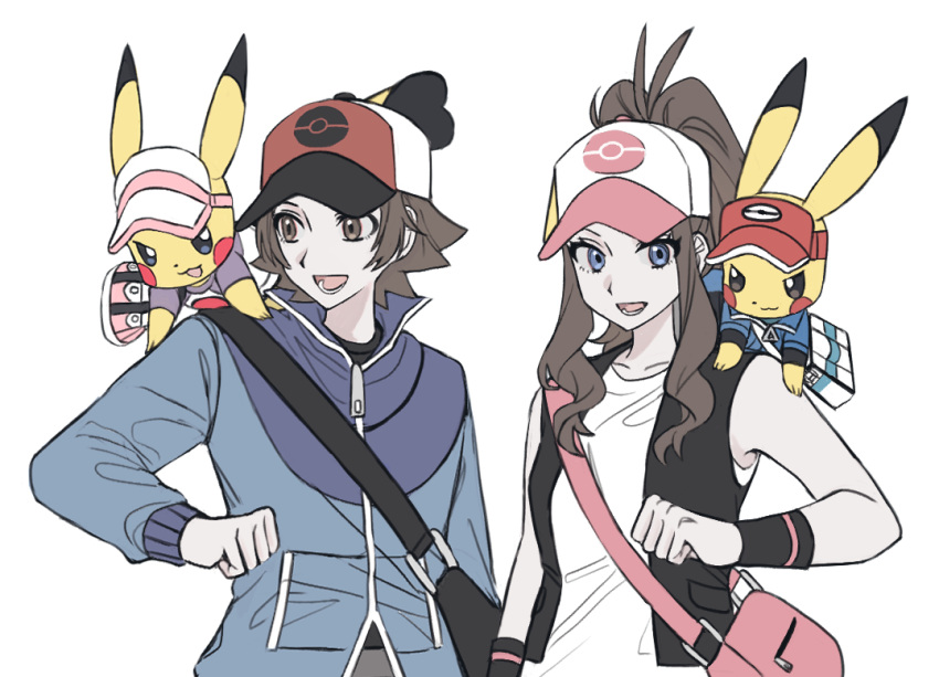 1boy, 1girl, bag, baseball_cap, black_undershirt, black_vest, black_wristband, blue_eyes