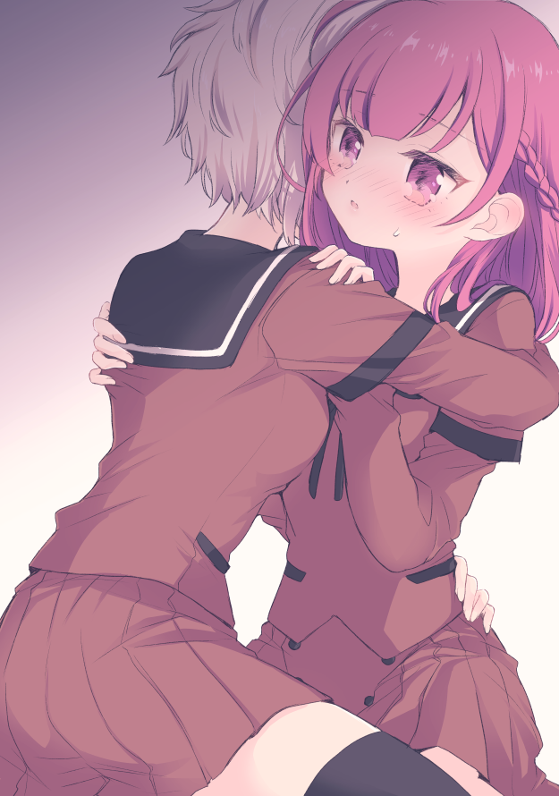 2girls, bad_id, bad_twitter_id, black_ribbon, black_thighhighs, blush, braid, chiwa_(chiwawanwan1206)