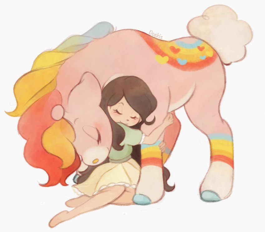 1girl, animal, animal_hug, barefoot, blush, brown_hair, closed_eyes, colorful