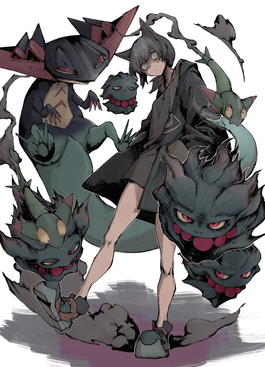 1girl, animal_ears, bare_legs, black_coat, black_hair, bright_pupils, cat_ears, coat