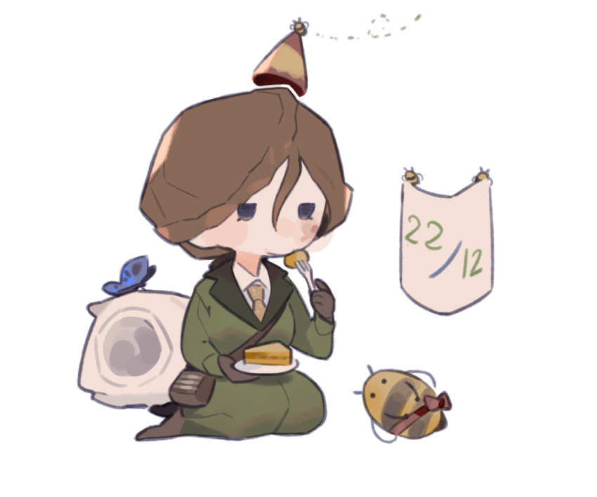1girl, bee, birthday, blue_butterfly, brown_hair, bug, butterfly, cake