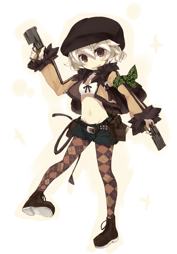 argyle_legwear, armband, brown_eyes, cabbie_hat, ccru, dual_wielding, gun, hat