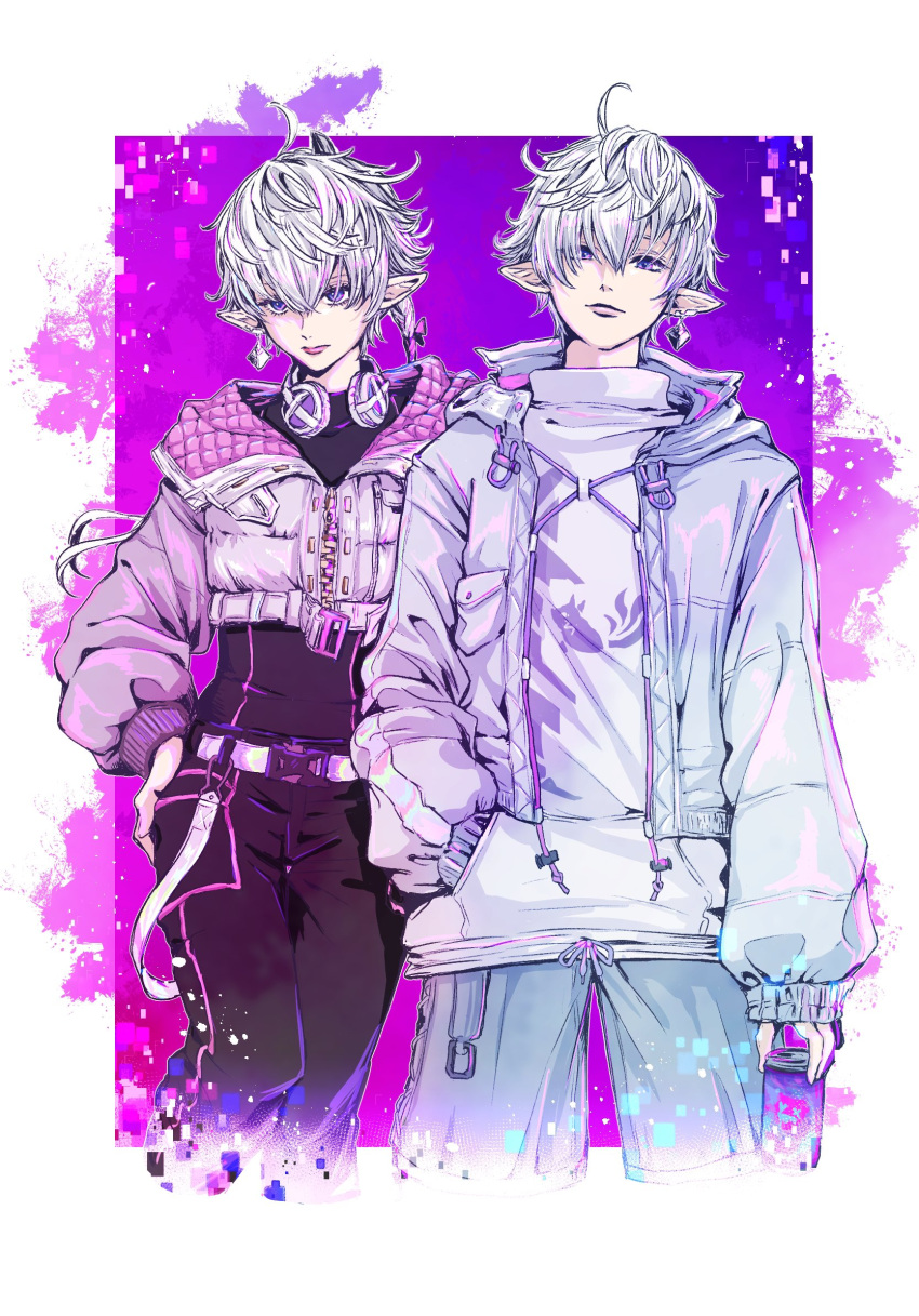 1boy, 1girl, ahoge, alisaie_leveilleur, alphinaud_leveilleur, alternate_costume, belt, black_pants, blue_jacket, blue_pants, border, brother_and_sister, can, cowboy_shot, cropped_jacket, cropped_legs, drawstring, earclip, earrings, elezen, elf, final_fantasy, final_fantasy_xiv, hand_in_pocket, hand_on_own_hip, headphones, headphones_around_neck, highres, holding, holding_can, hood, hoodie, jacket, jewelry, looking_at_viewer, low_ponytail, mcarkp_ff, open_clothes, open_jacket, outside_border, pants, pink_jacket, pointy_ears, ponytail, purple_background, siblings, single_earring, standing, twins, violet_eyes, white_border, white_hoodie