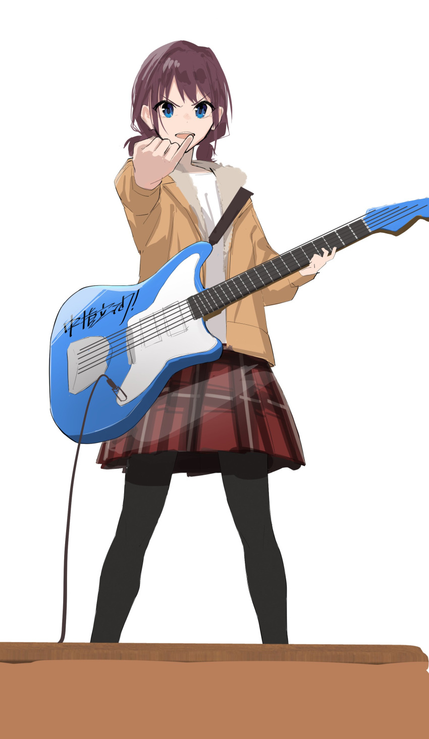 1girl, absurdres, black_pantyhose, blue_eyes, brown_hair, brown_jacket, commentary_request, electric_guitar