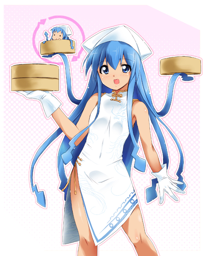 blue_eyes, blue_hair, chibi, china_dress, chinese_clothes, dual_persona, gloves, halftone