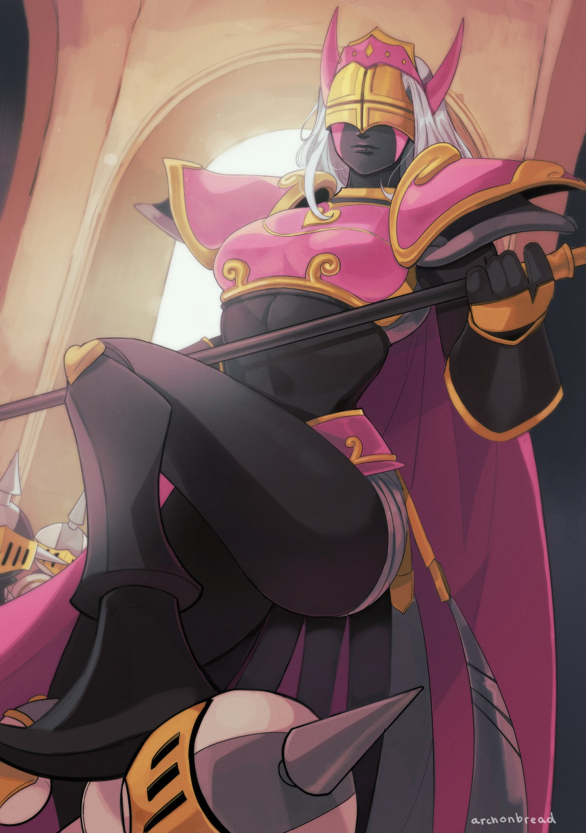 1girl, absurdres, archonbread, armor, artist_name, black_skin, cape, colored_skin
