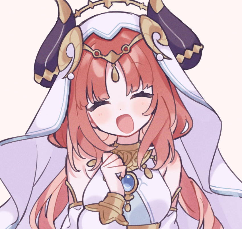 1girl, ayase_(user_ytjw3843), bare_shoulders, blue_gemstone, closed_mouth, commentary, dancer, detached_sleeves, dot_nose, fake_horns, gem, genshin_impact, gold_circlet, grey_background, hand_up, harem_outfit, horns, light_blush, long_sleeves, low_twintails, nilou_(genshin_impact), parted_bangs, redhead, simple_background, smile, solo, twintails, upper_body, veil