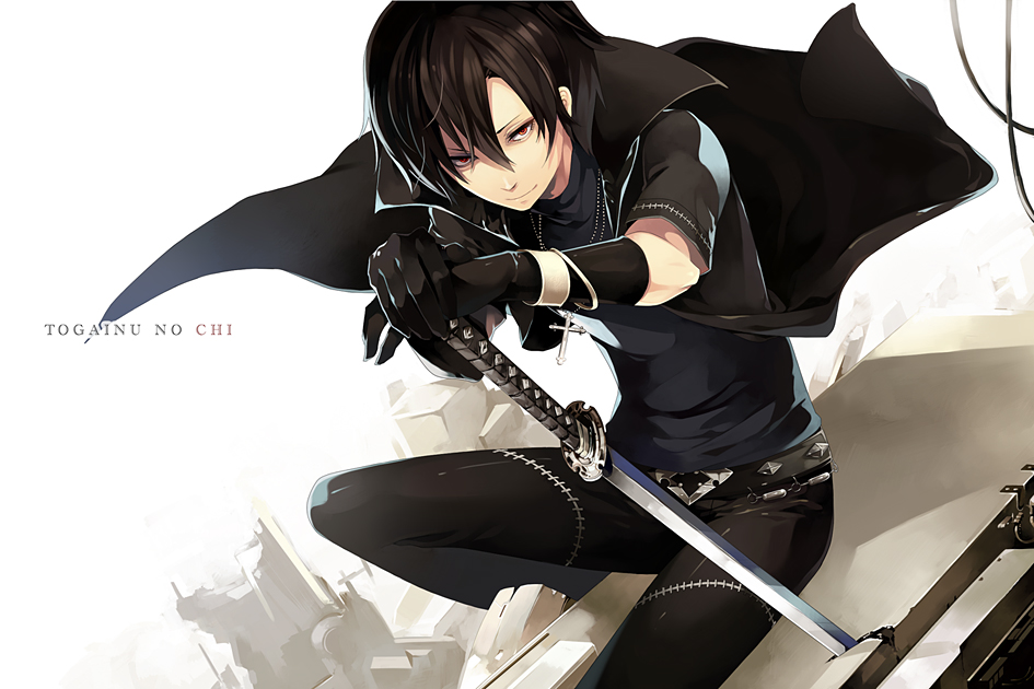 black_hair, bracelet, character_request, cross, gloves, jewelry, katana, necklace