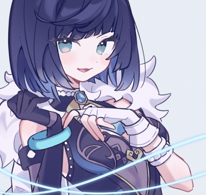 1girl, ayase_(user_ytjw3843), black_gloves, black_hair, blue_eyes, bob_cut, commentary, diagonal_bangs