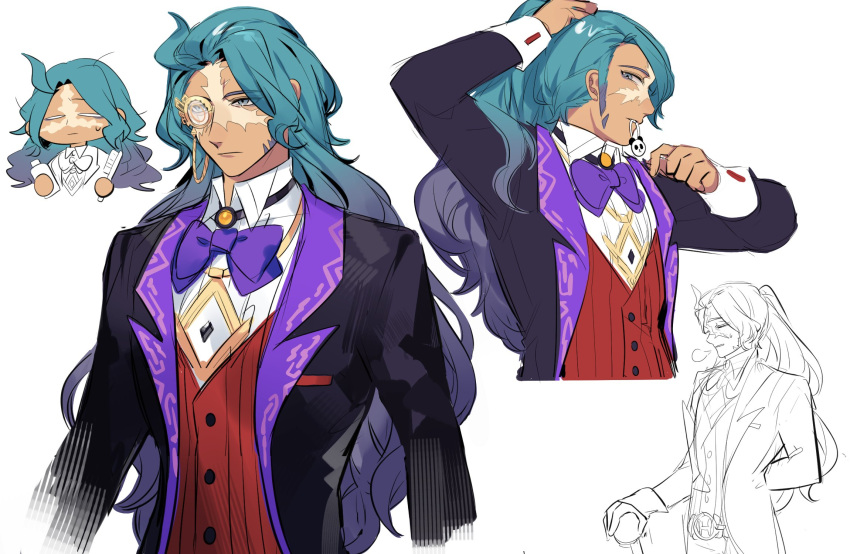 1boy, adjusting_hair, arm_behind_head, black_jacket, blue_hair, bow, bowtie, cane