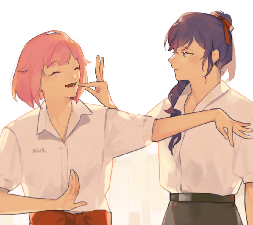 2girls, :d, ^_^, alternate_universe, asahina_mafuyu, black_skirt, blue_eyes, blunt_bangs