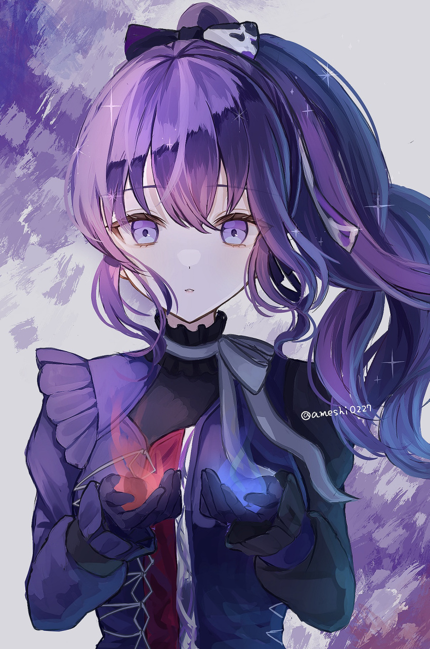 1girl, 244224, asahina_mafuyu, black_bow, bow, commentary_request, dress, frilled_sleeves, frills, gloves, grey_background, hair_between_eyes, hair_bow, highres, long_hair, looking_at_hands, neck_ribbon, parted_lips, project_sekai, purple_background, purple_dress, purple_gloves, purple_hair, ribbon, sidelocks, simple_background, solo, sparkle, straight-on, twitter_username, upper_body, violet_eyes, white_ribbon, wind