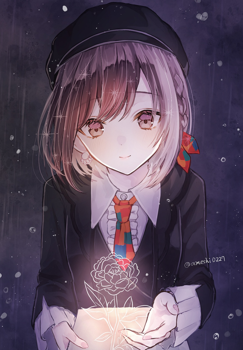 1girl, 244224, beanie, black_beanie, black_jacket, black_vest, bow, braid