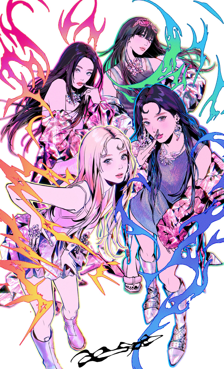 4girls, absurdres, aespa, black_hair, blonde_hair, boots, commentary_request, detached_sleeves