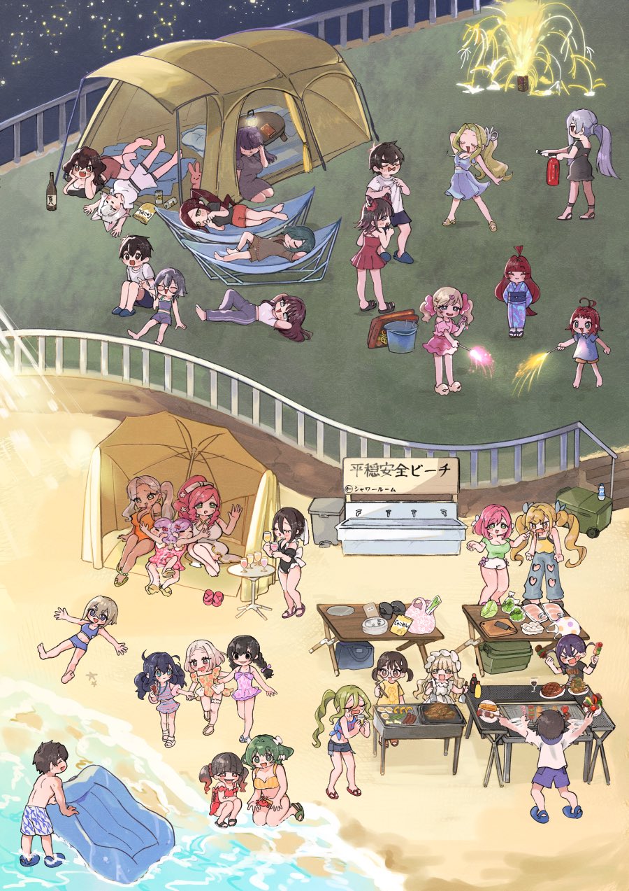 1boy, 6+girls, aijou_rentarou, baio_rin, beach, beach_umbrella, bonnouji_momoha, bottle, bucket, cooking, dei_matsuri, drinking_fountain, eiai_nano, fire_extinguisher, fireworks, grilling, hammock, hanazono_hahari, hanazono_hakari, haraga_kurumi, hifumi_suu, highres, iin_chiyo, inda_karane, inflatable_raft, kaho_eira, kakure_meme, kedarui_aashii, kimi_no_koto_ga_dai_dai_dai_dai_daisuki_na_100-nin_no_kanojo, light_rays, meido_mai, meido_mei, momi_momiji, multiple_girls, multiple_views, nakaji_uto, nekonari_tama, oyomidtarumi, railing, saiki_himeka, sake_bottle, sky, star_(sky), starry_sky, stuffed_animal, stuffed_rabbit, stuffed_toy, sunbeam, sunlight, sutou_iku, swimsuit, table, tent, torotoro_kishika, trash_can, umbrella, usami_shiina, utsukushisugi_mimimi, yakuzen_kusuri, yakuzen_yaku, yamato_nadeshiko_(hyakkano), yasashiki_yamame, yoshimoto_shizuka, zetsubouda_meru