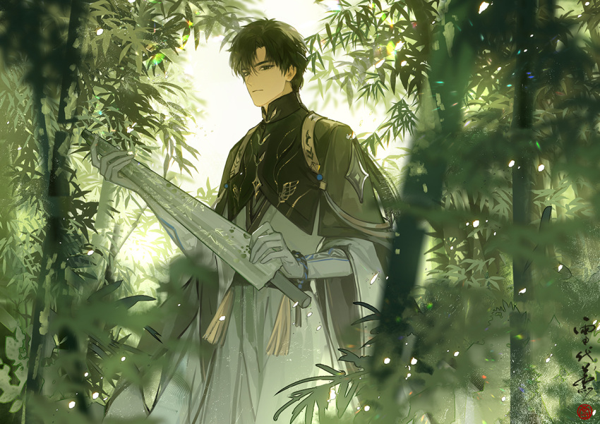1boy, bamboo, bamboo_forest, black_cape, black_eyes, black_hair, blurry, blurry_background