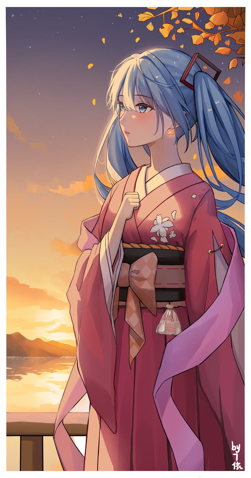 1girl, 71-fen_xiansheng_you, autumn, autumn_leaves, bag, bagged_fish, blue_eyes, blue_hair, blush, border, clouds, commentary_request, earrings, fish, floral_print, goldfish, hair_between_eyes, hand_on_own_chest, hatsune_miku, highres, japanese_clothes, jewelry, kimono, long_hair, looking_ahead, mountainous_horizon, obi, orange_sky, outdoors, parted_lips, pink_kimono, sash, signature, sky, solo, standing, sunset, twintails, vocaloid, water, white_border