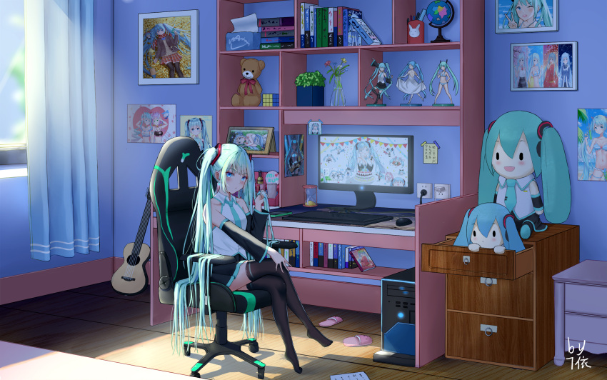 1girl, 71-fen_xiansheng_you, acoustic_guitar, ahoge, aqua_eyes, aqua_hair, aqua_necktie, bed