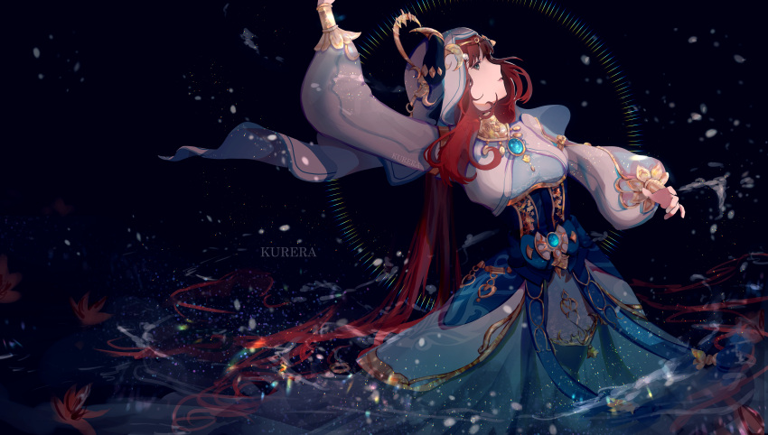 1girl, absurdres, artkurera, blue_skirt, breasts, commentary, dancing, english_commentary