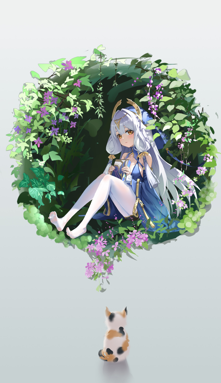 1girl, absurdres, bare_shoulders, blue_dress, blue_sleeves, blue_veil, book, cat