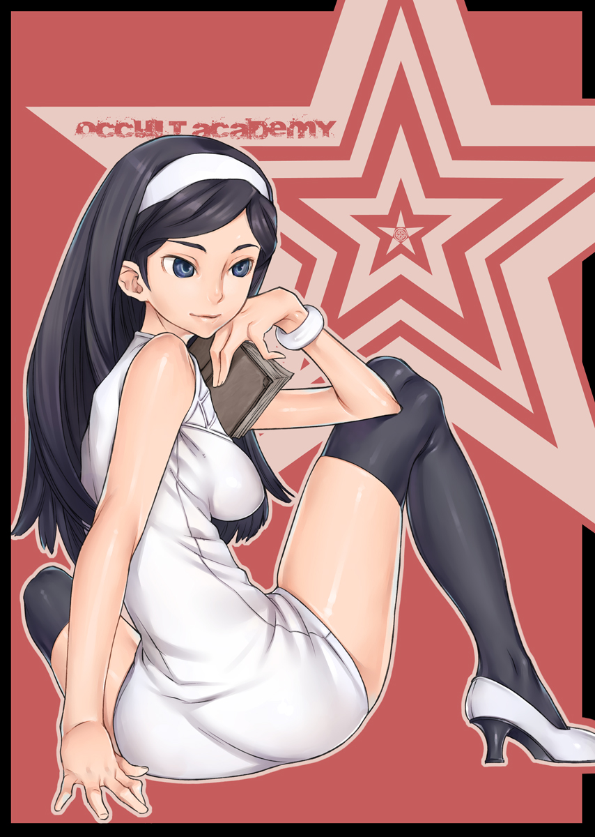 bare_shoulders, black_hair, black_legwear, black_thighhighs, blue_eyes, character_request, harmaline, high_heels
